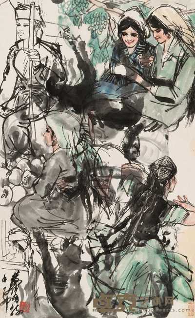 黄胄 1975年作 市集 立轴 82.5×51cm